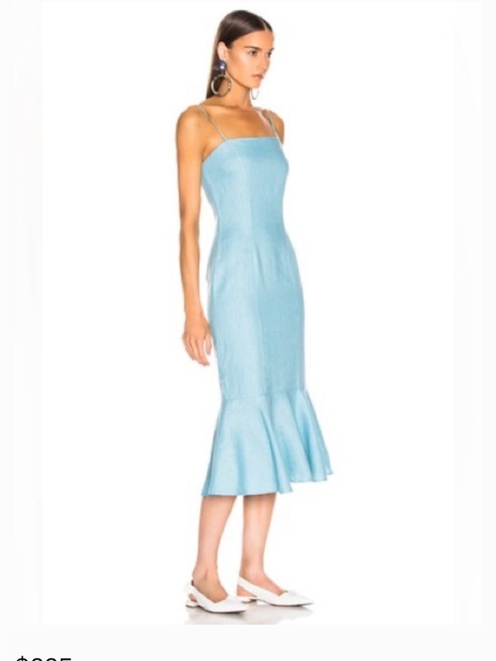 STAUD Sky Blue Spaghetti-Strap Midi Dress with Flounce Hem